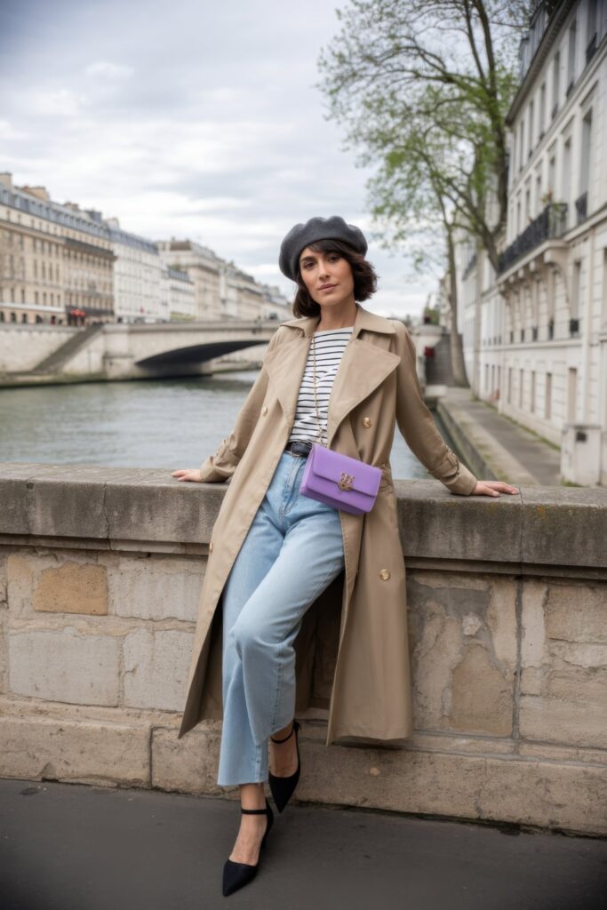 Parisian winter outfit with a striped sweater, beret and wool coat