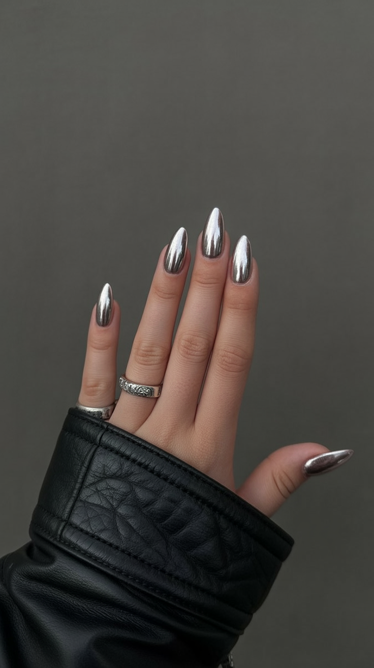 Silver chrome almond nails