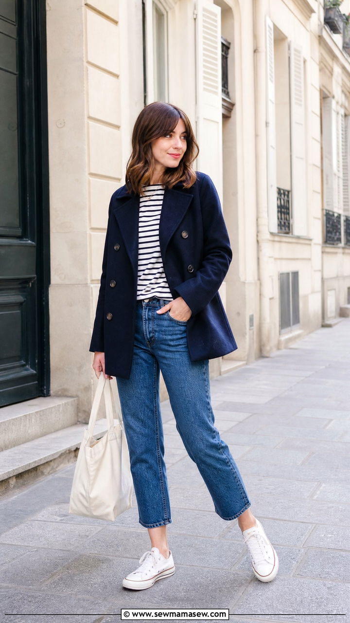 Navy pea coat with a striped Breton top