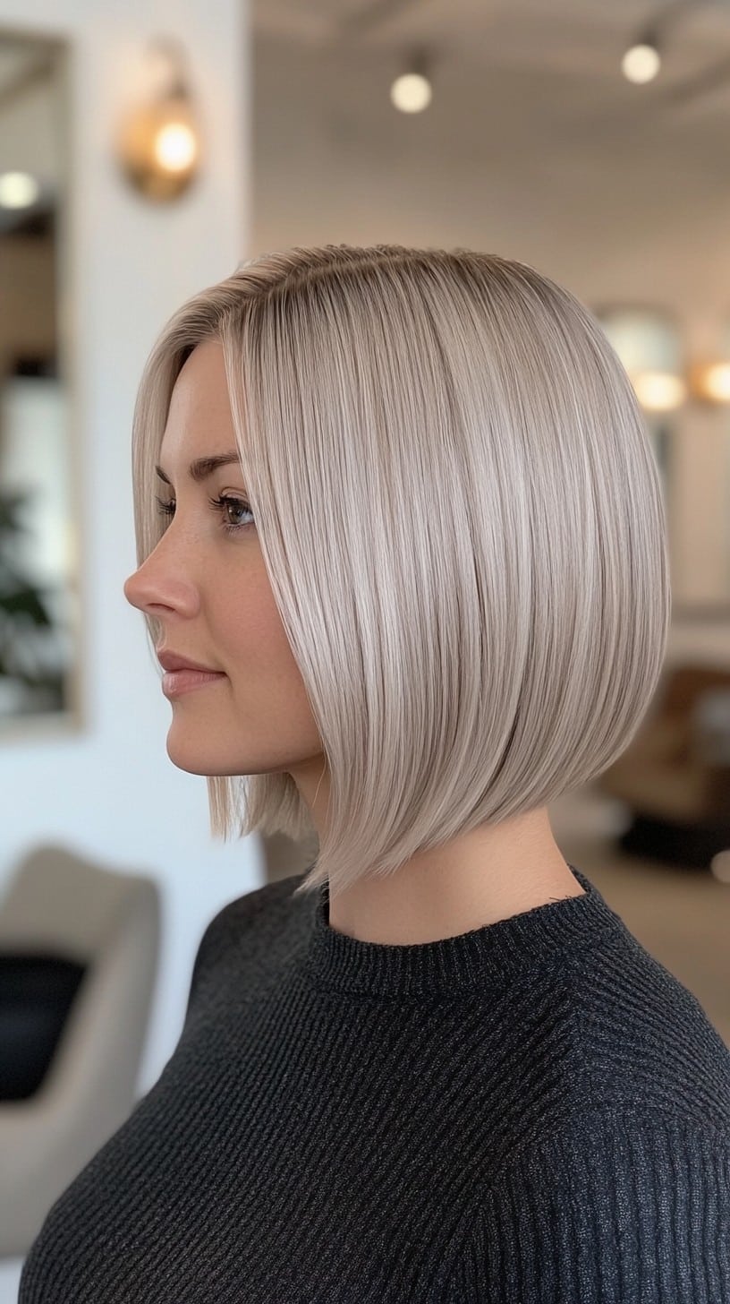 Sleek glossy pearl ash blonde bob, side view