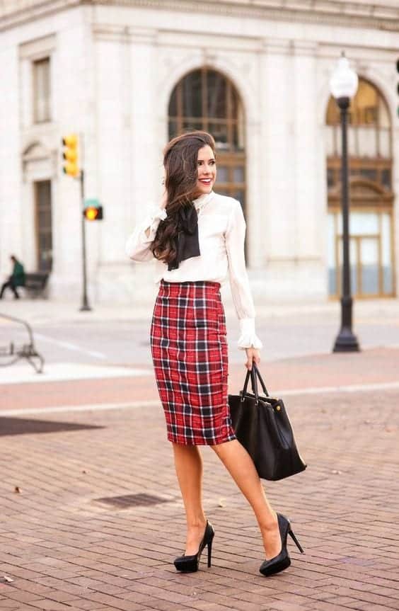 Crisp white blouse with a red plaid pencil skirt