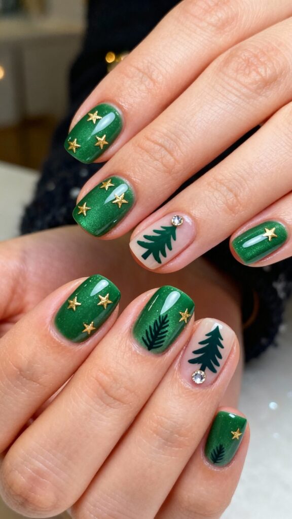 Green pine tree nail art on nude nails