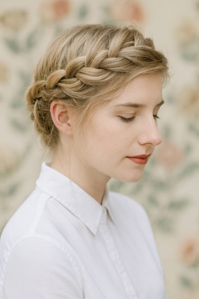 Pinned braided crown on blonde hair, side view