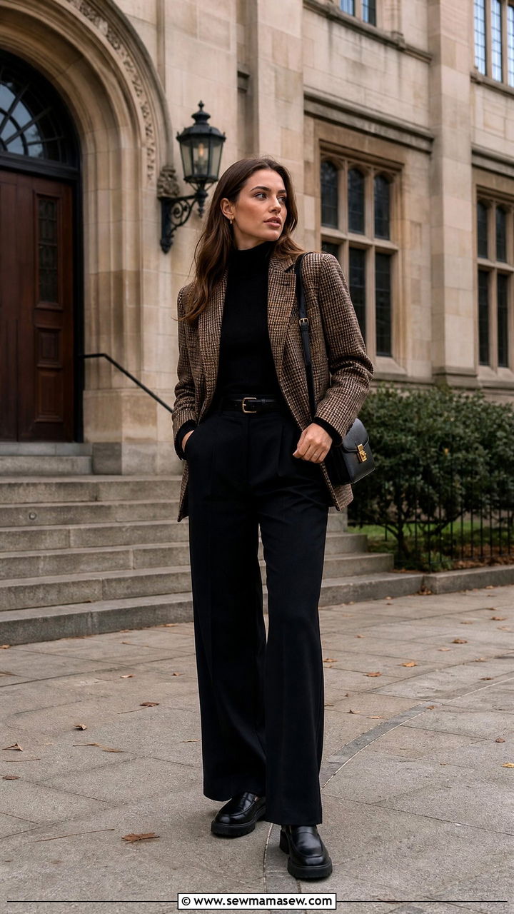 Woman in a plaid blazer, black turtleneck and black wide-leg trousers with loafers and a shoulder bag