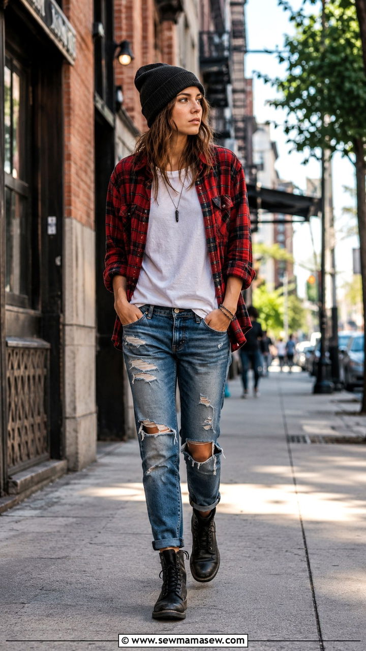 Woman wearing an oversized plaid flannel shirt with ripped jeans and boots, laid-back winter look