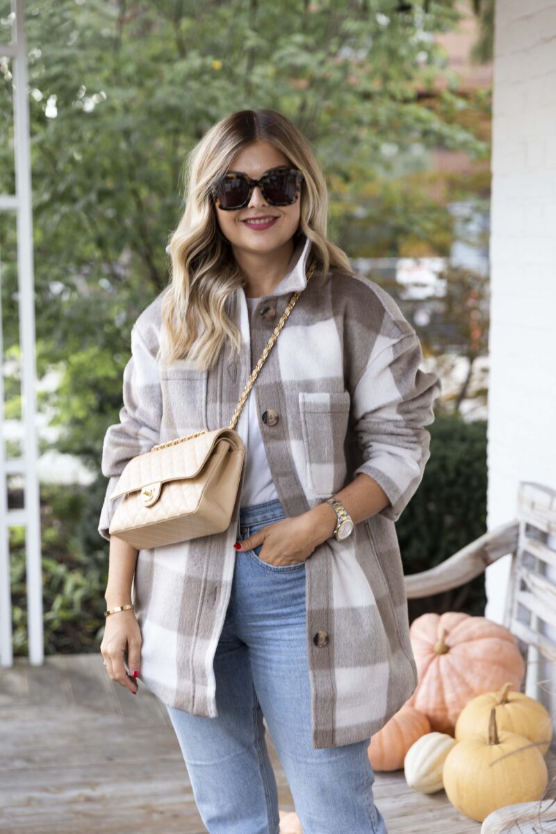 A plaid shacket styled with dark denim for a casual fall winter outfit