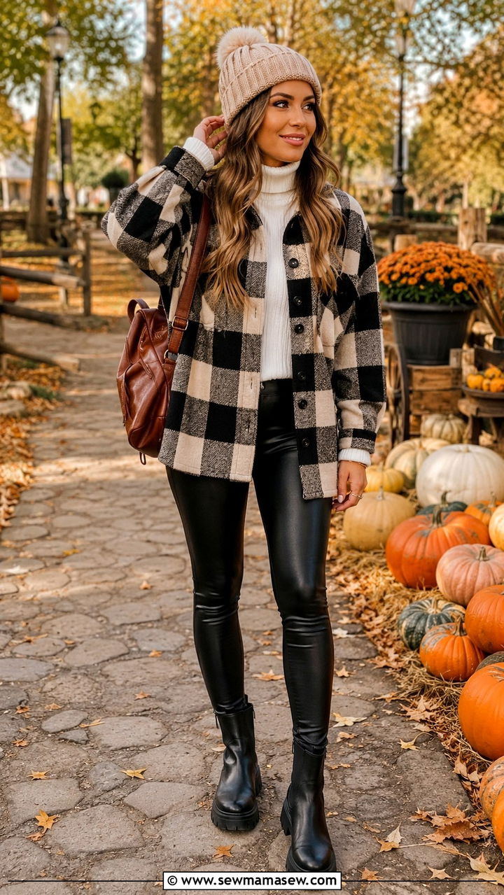 Woman wearing a black and white buffalo plaid shacket over a white turtleneck with black leggings, a knit pom beanie, and black ankle boots