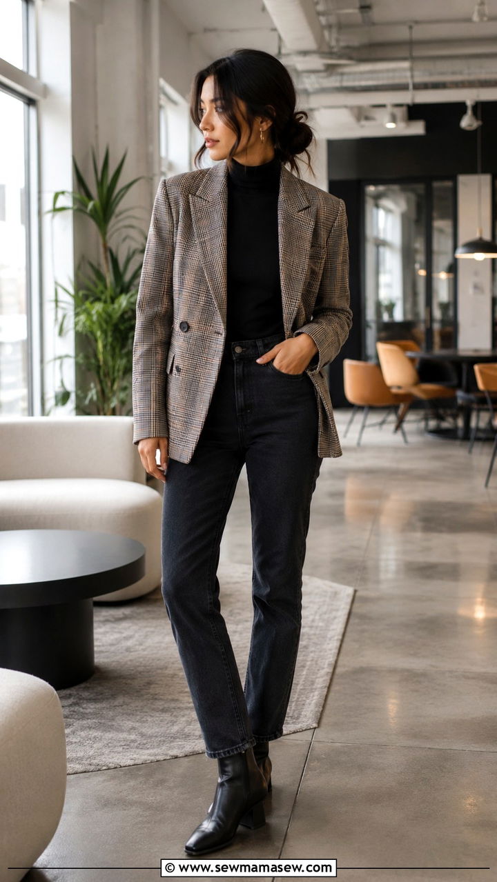 Woman wearing a plaid blazer over a black turtleneck with dark jeans and ankle boots