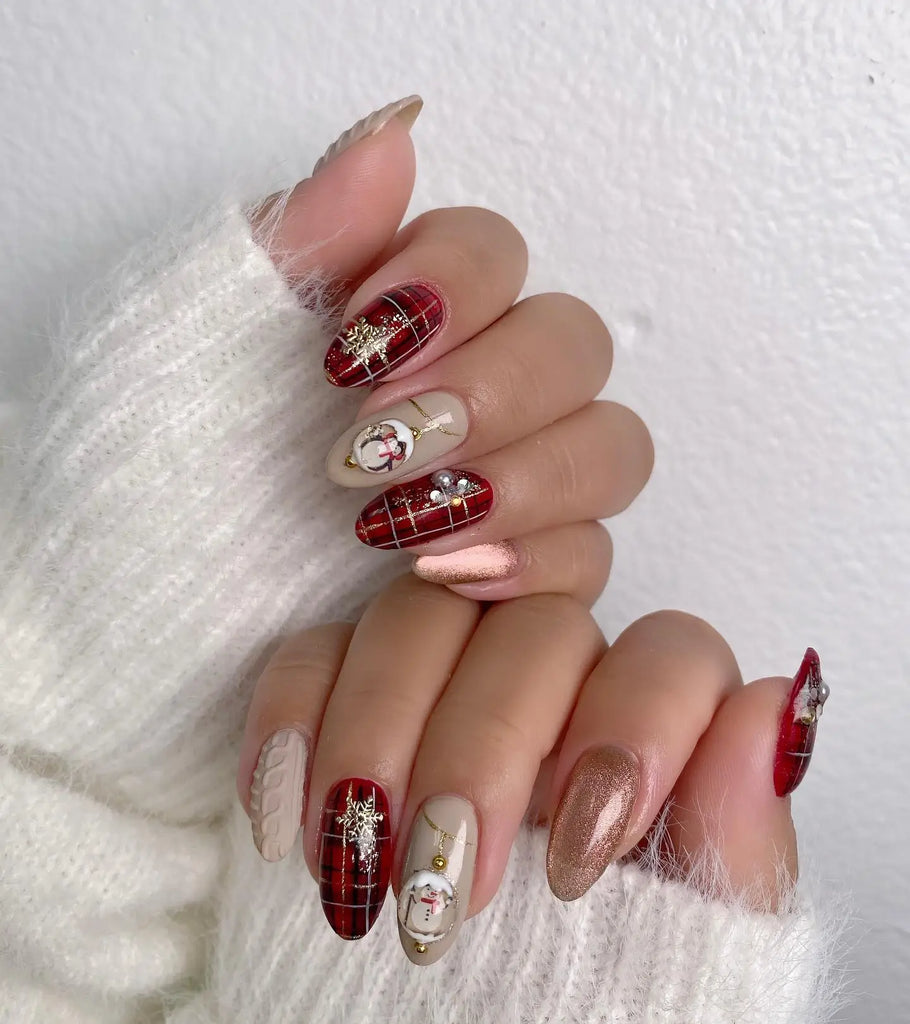 Coffin nails with red plaid tartan, Christmas tree and snowman art, cable knit and rose gold accents