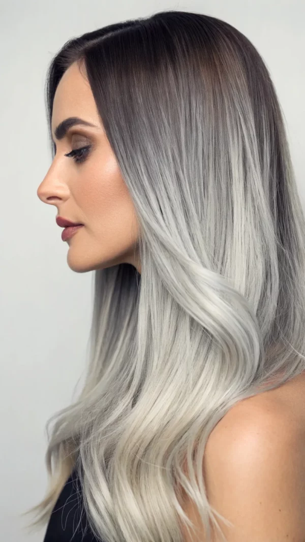 Platinum silver hair with a soft shadow root