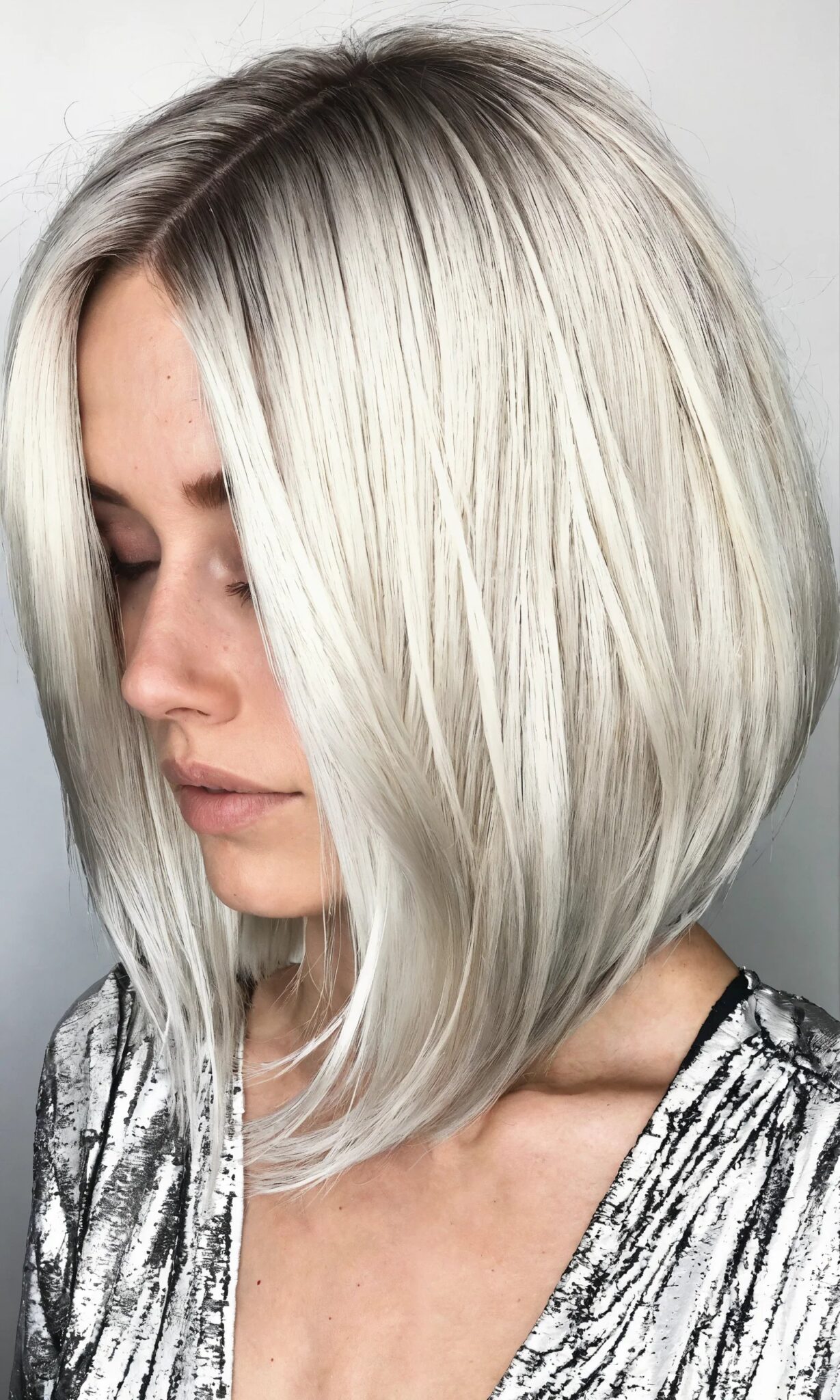 Platinum blonde lob with dark shadow roots