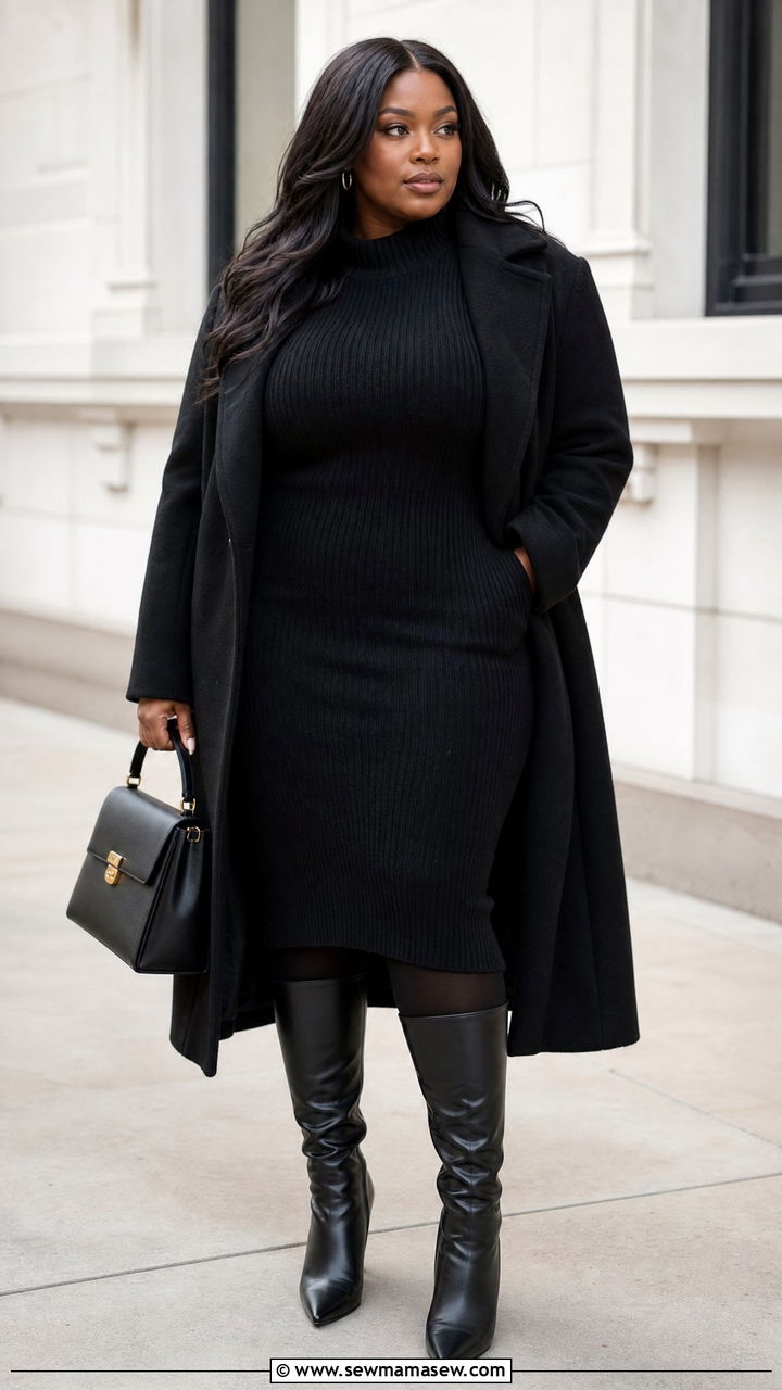 Woman wearing a black turtleneck sweater dress with a long black coat and knee-high boots