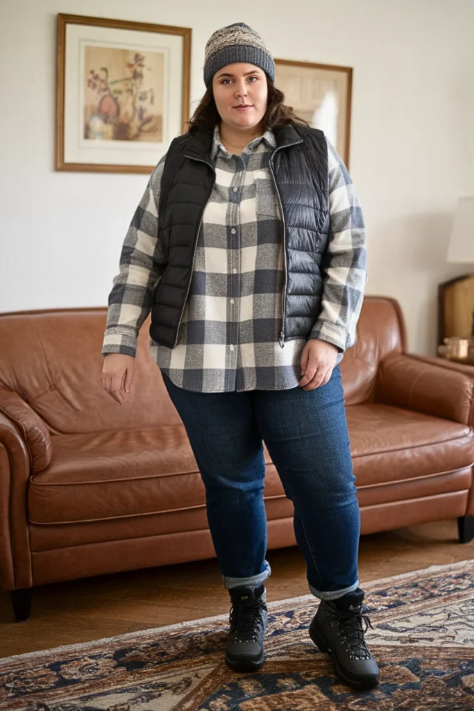 Woman in a black quilted vest over a gray buffalo plaid flannel with jeans, boots, and a beanie