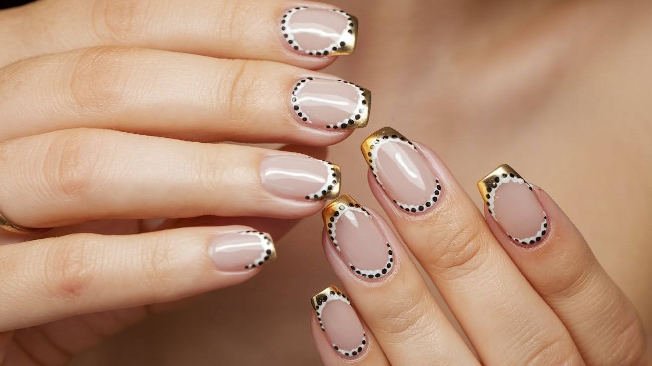 Minimal nude nails with small gold dot accents
