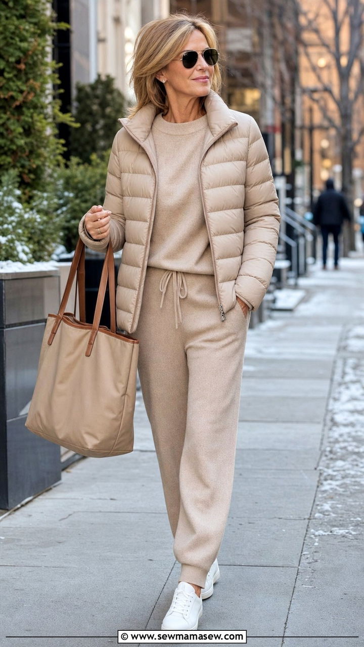 Puffer jacket with knit set and sneakers
