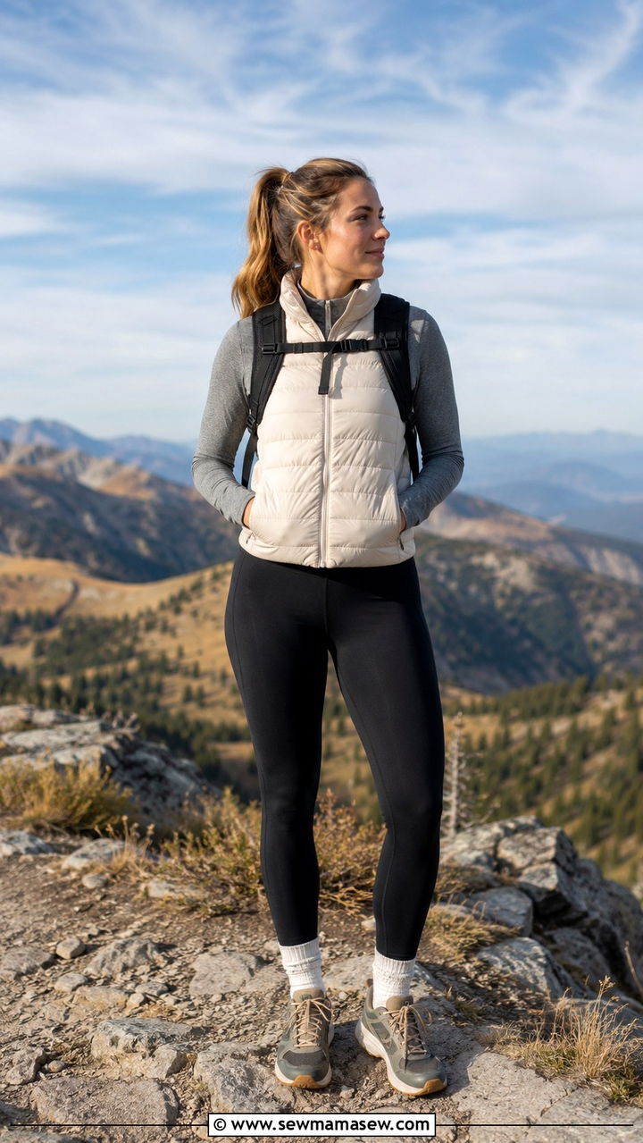 Woman in a cream puffer vest, base layer and leggings on a mountain trail