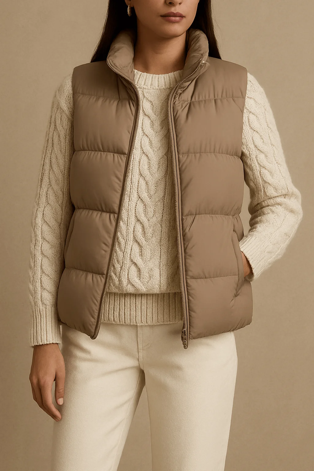 Woman wearing a quilted puffer vest over a cable-knit sweater