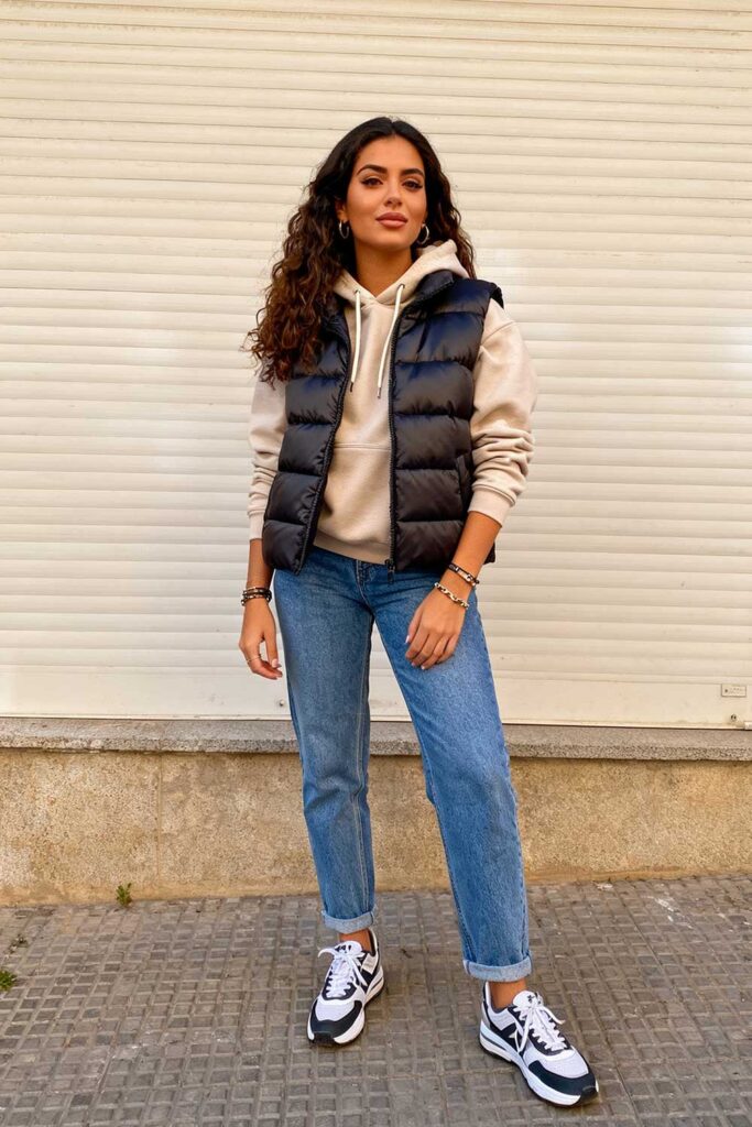 Woman wearing a quilted puffer vest layered over a hoodie with mom jeans and sneakers