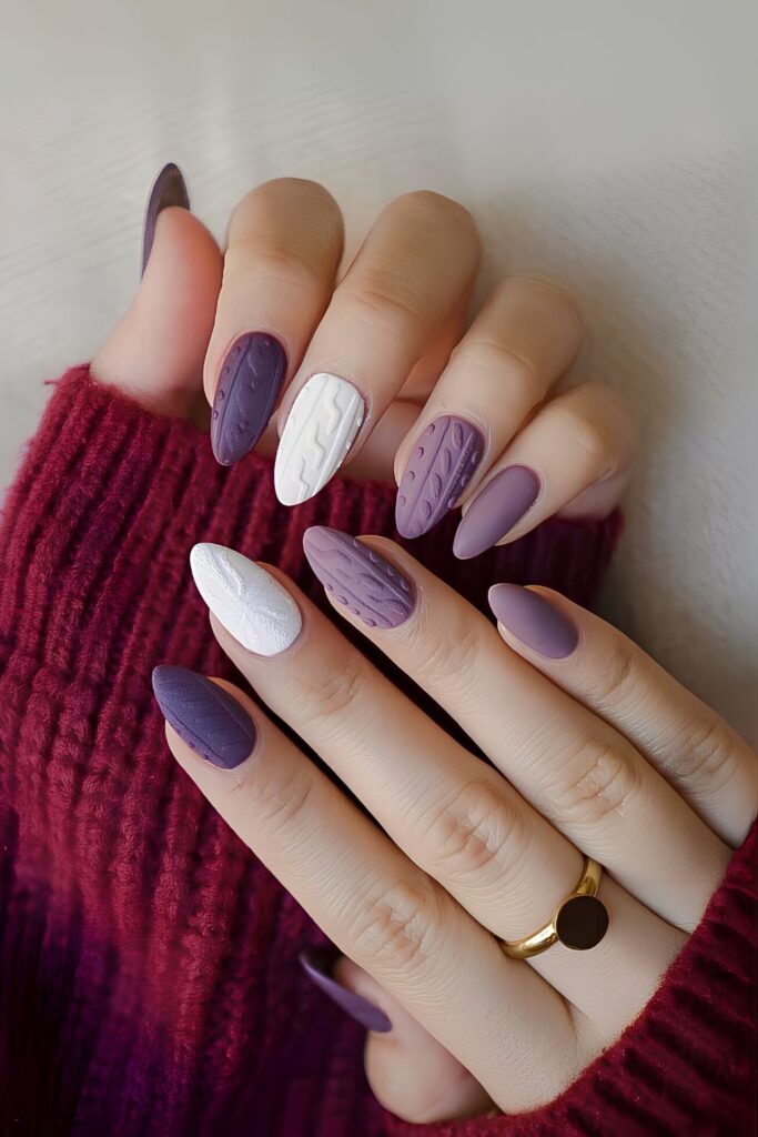 Long almond winter nails with purple and white cable-knit sweater art