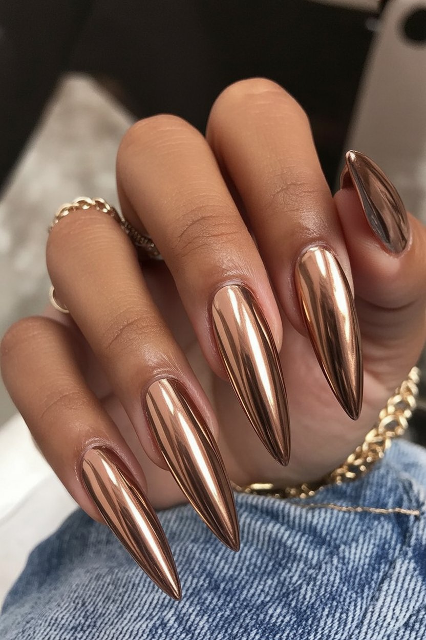 Rose-gold chrome stiletto nails on brown skin