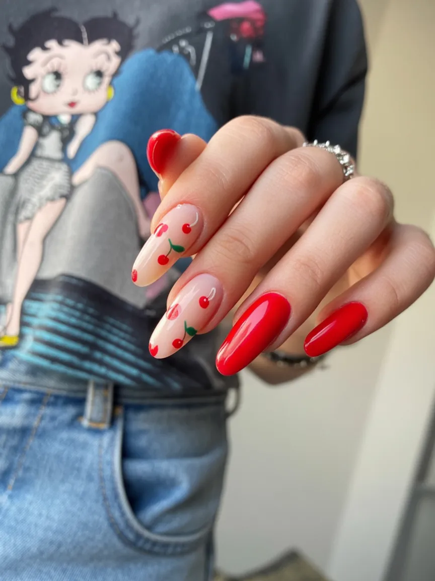 Cherry red nails featuring tiny hand-painted cherry fruit art with stems