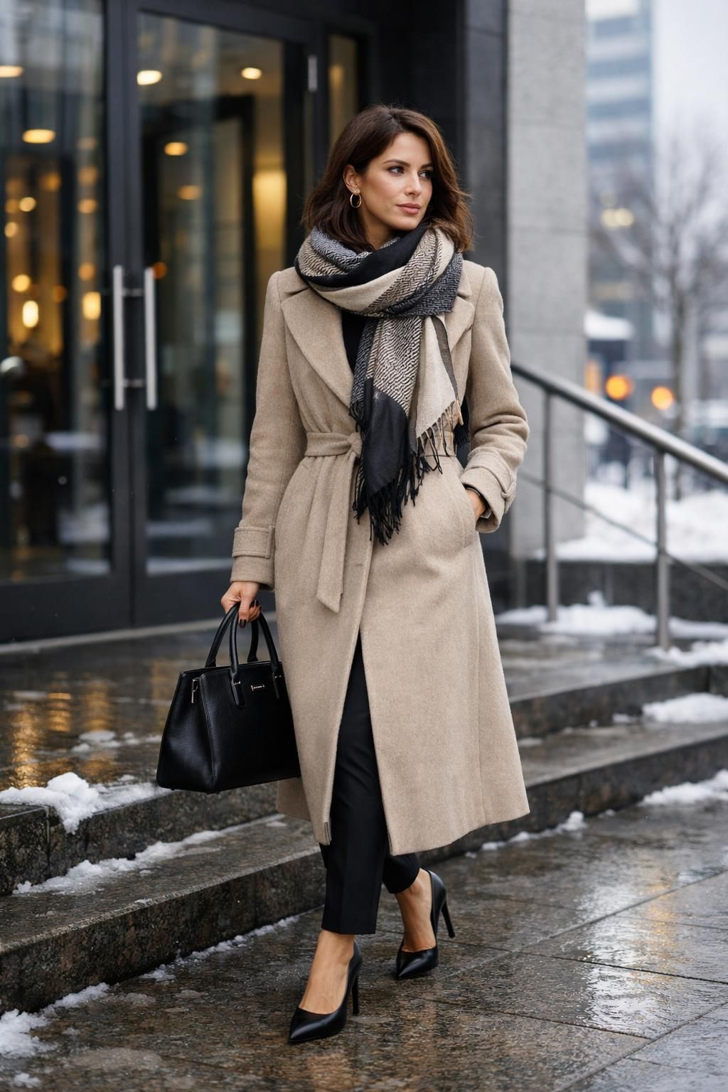 Woman on a snowy street wearing a belted camel wool coat, a black and beige patterned scarf, black trousers, black pumps and carrying a black handbag