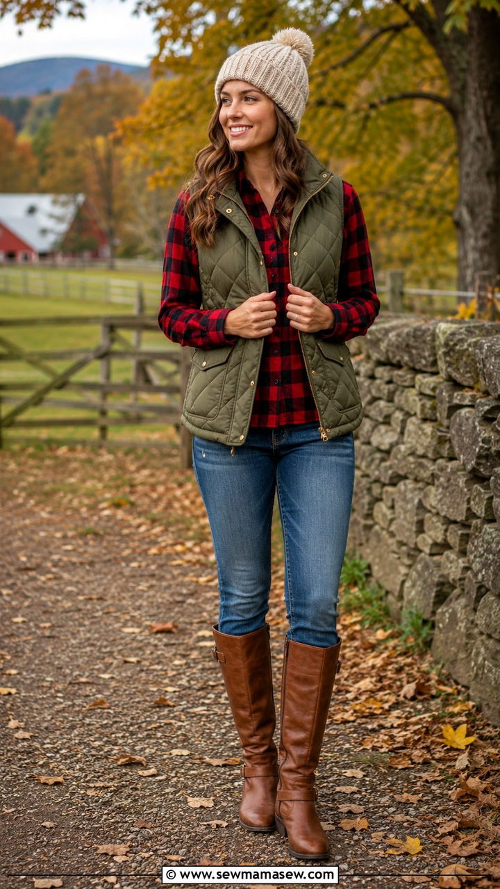 A quilted vest layered over a flannel shirt with jeans for fall