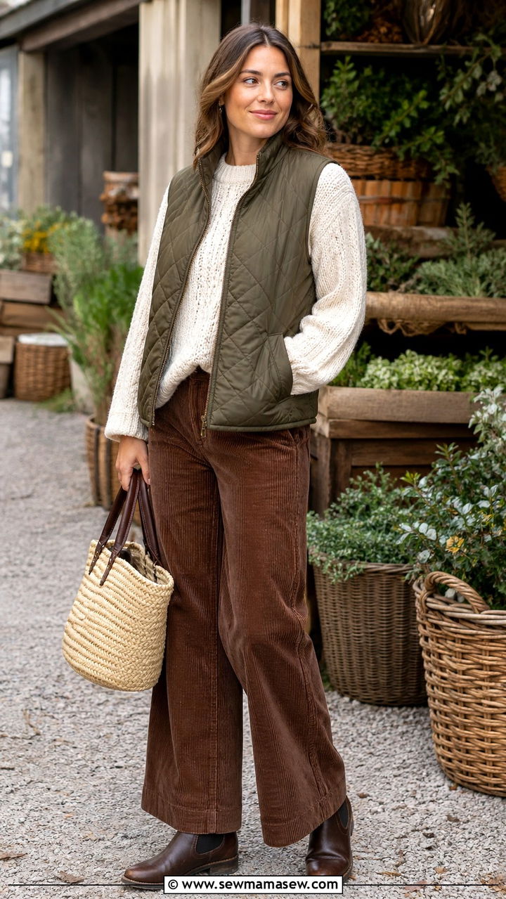 Woman wearing a quilted gilet vest over a chunky knit with brown corduroy trousers