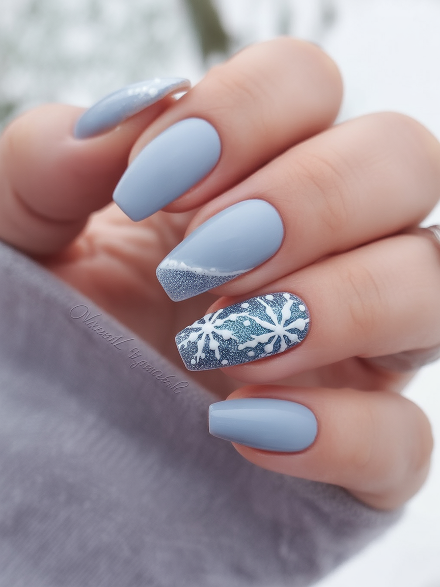 Matte icy blue nails with snowflake accent