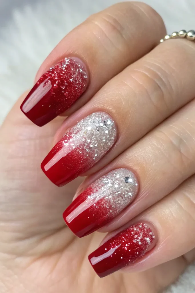 Classic red coffin nails fading into silver glitter toward the tips