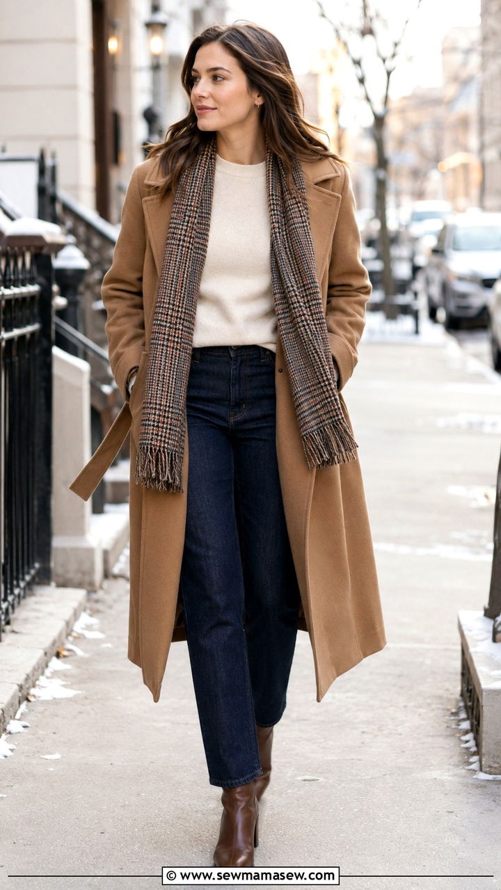 Woman wearing a camel coat with a checked scarf and jeans in a snowy street