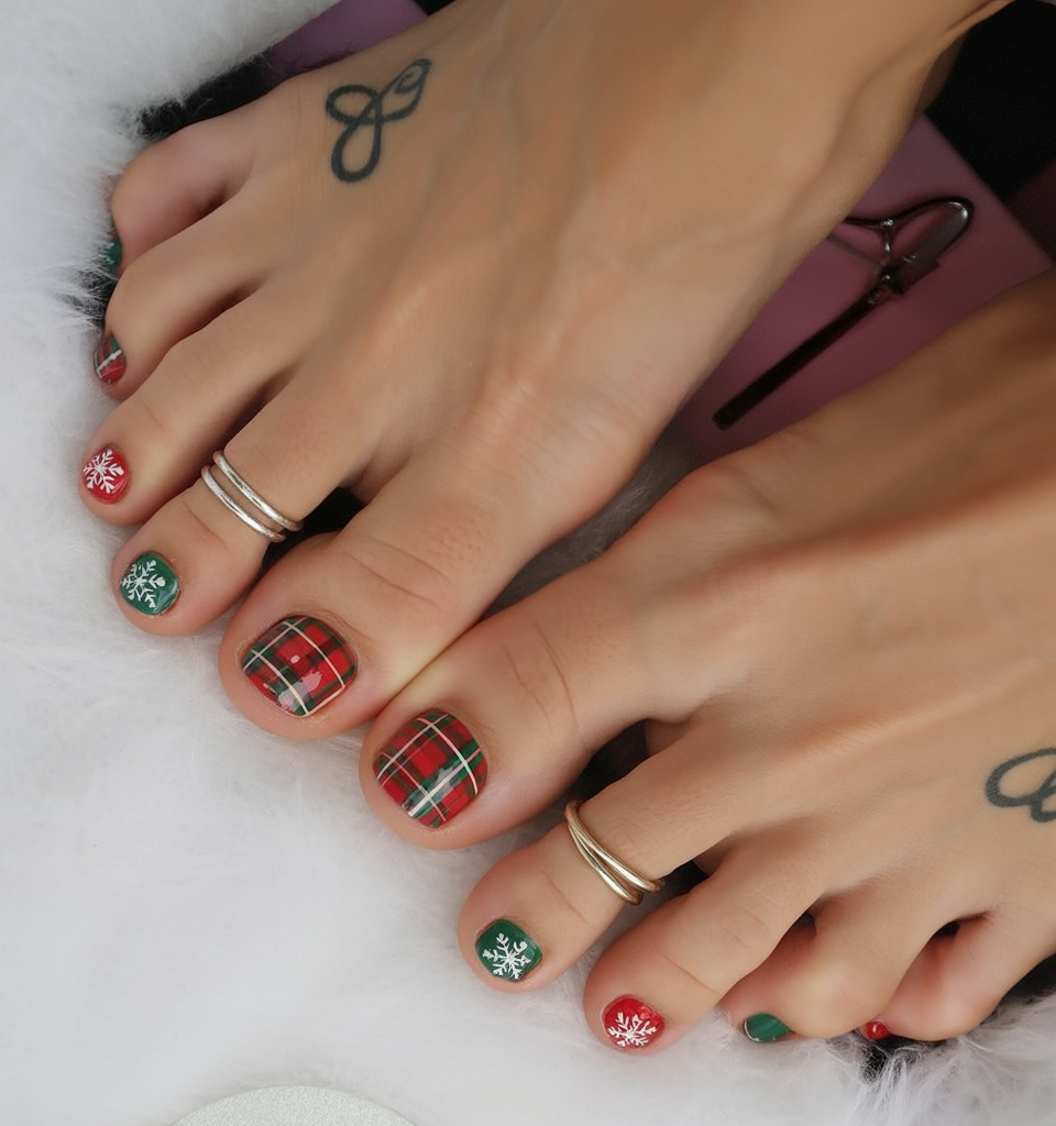 Red and green tartan plaid pedicure with white snowflake art on accent toes