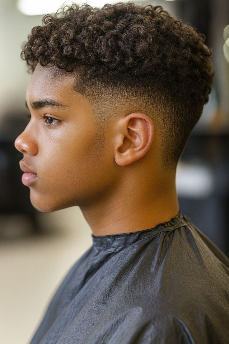 Teen boy with a curly top and high taper fade