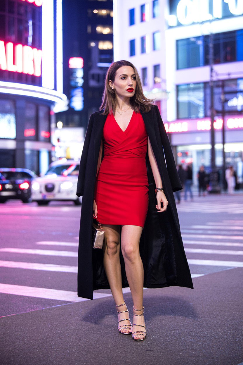 Woman wearing a red bodycon dress styled for a date night outfit