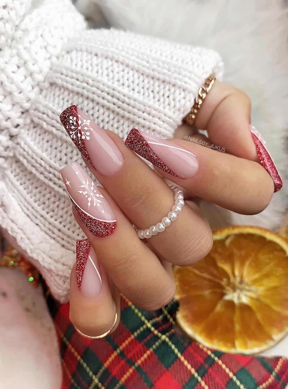Red and white Christmas nails with French tips