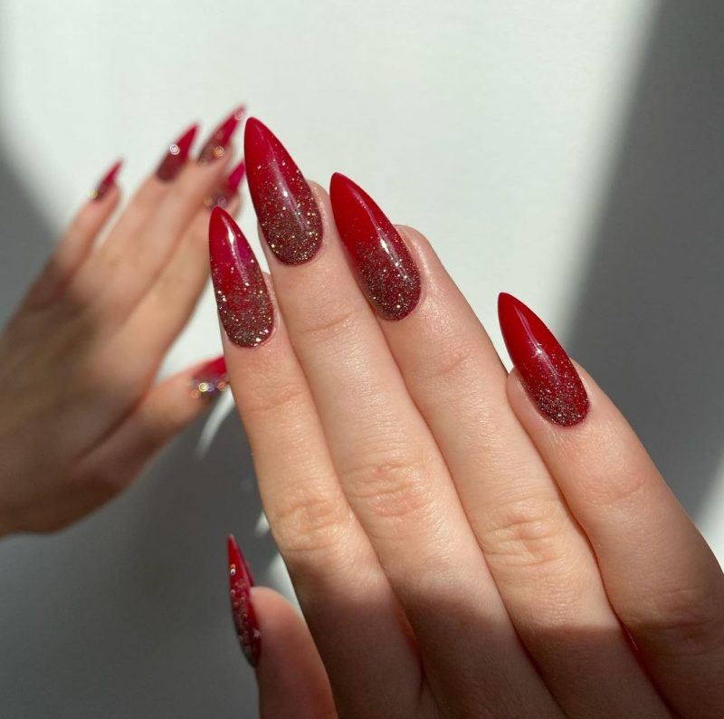Red to gold glitter ombre nails