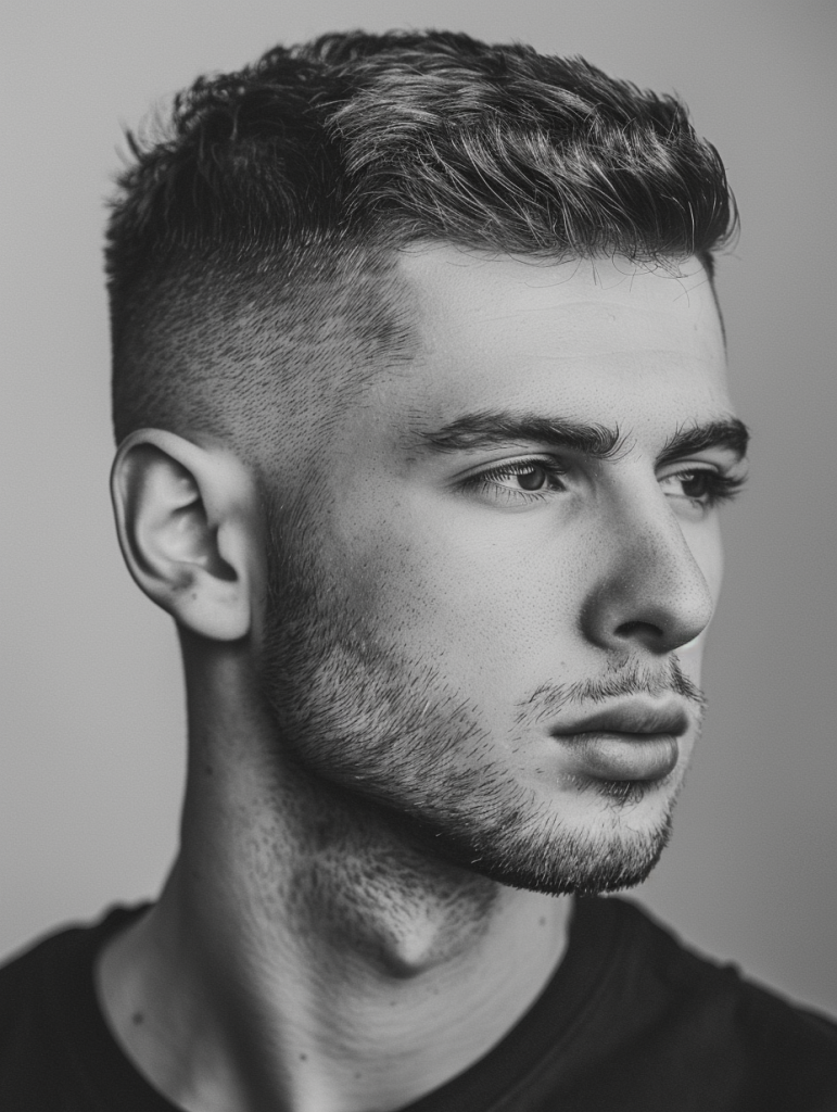 Man with a buzz cut and low drop fade