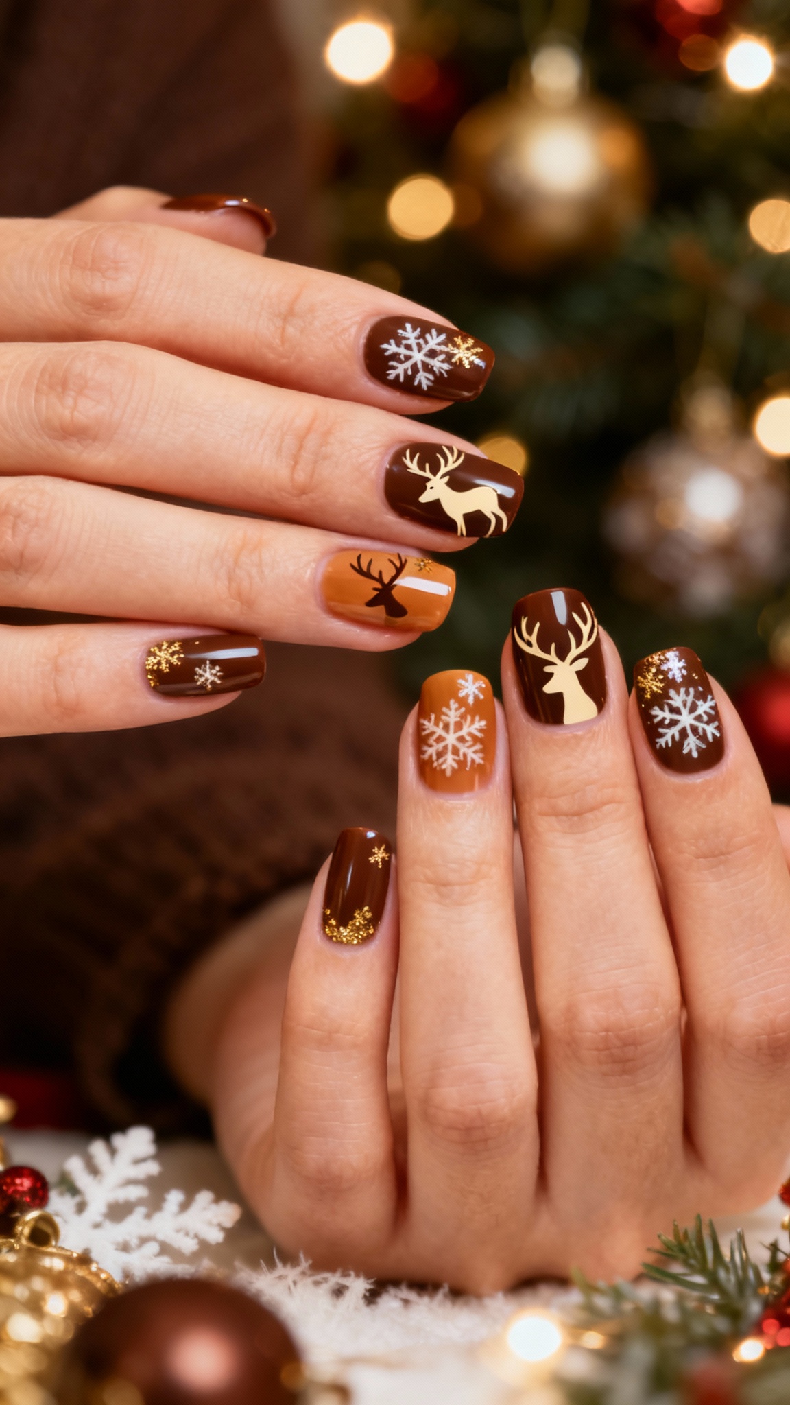 Short square chocolate-brown nails with cream reindeer silhouettes and white snowflakes