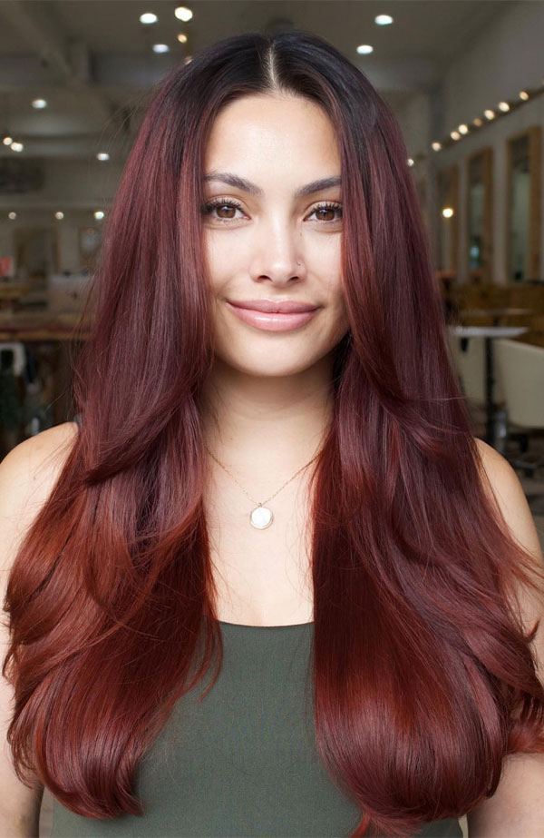 Rich mahogany long layered hair, front view