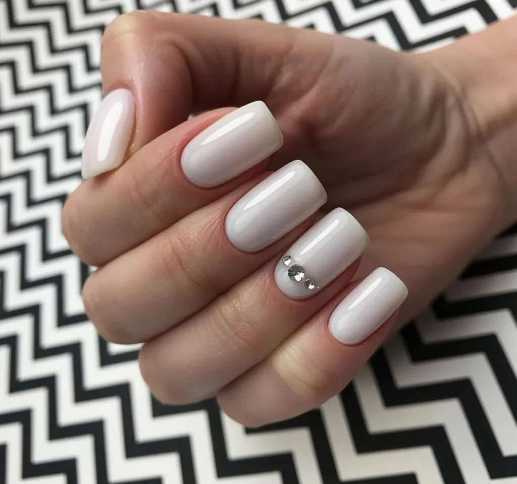 Short white square nails with a small cluster of clear crystals on the ring finger accent nail