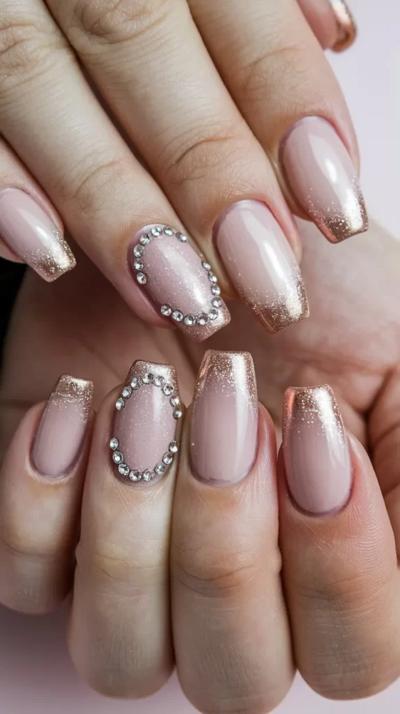 Blush nude nails with rose-gold glitter tips and oval rhinestone frames on accent nails
