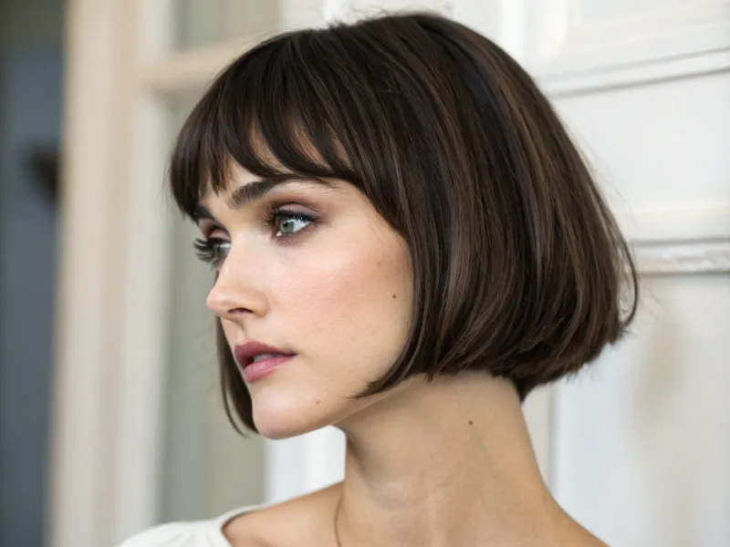 Rounded bob haircut with soft micro fringe above the brow