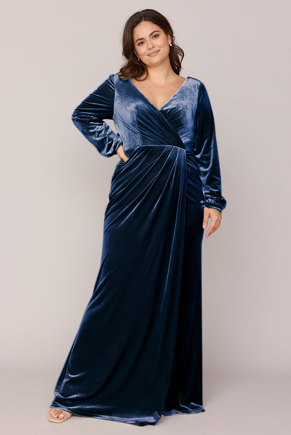 Royal blue velvet wrap maxi dress with long sleeves and side slit
