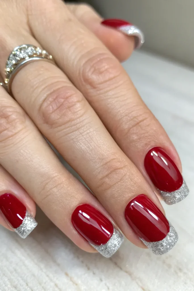 Glossy red nails with silver glitter French tips