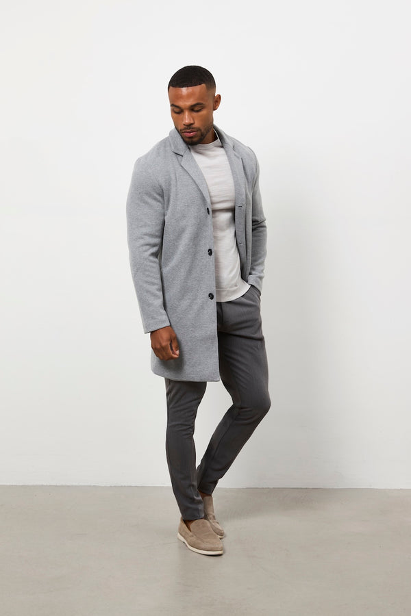 Soft grey single-breasted herringbone overcoat for men