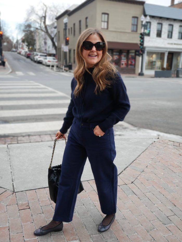 Monochrome cashmere hoodie with tonal barrel-leg jeans