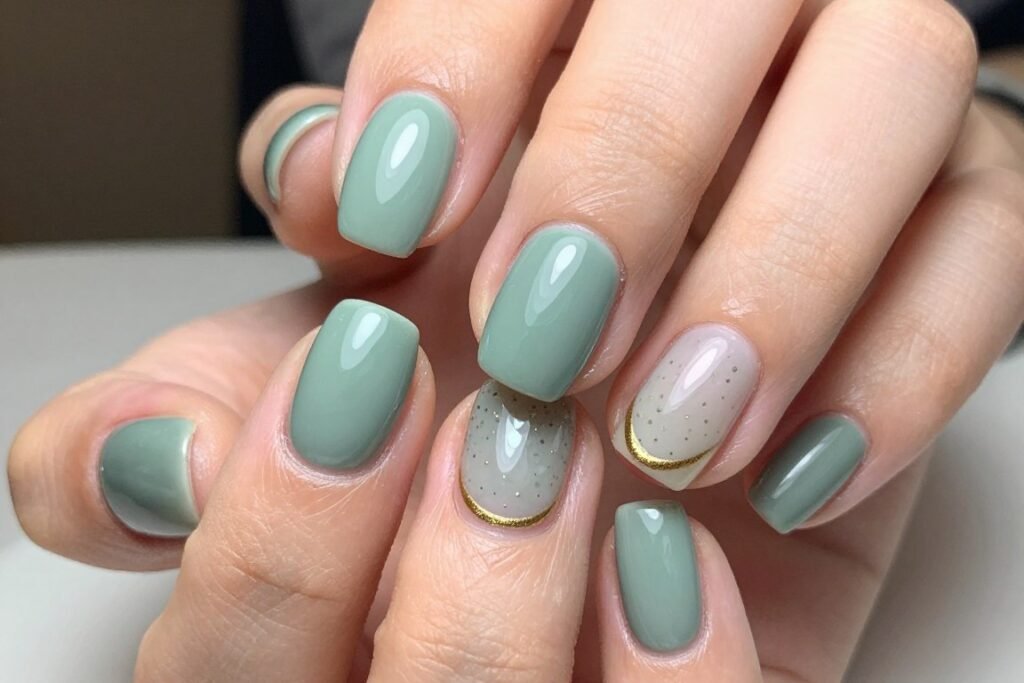 Sage green squoval nails with a gold-accented nail
