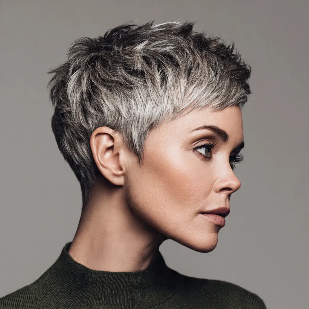Salt and pepper pixie cut with blended gray and dark tones