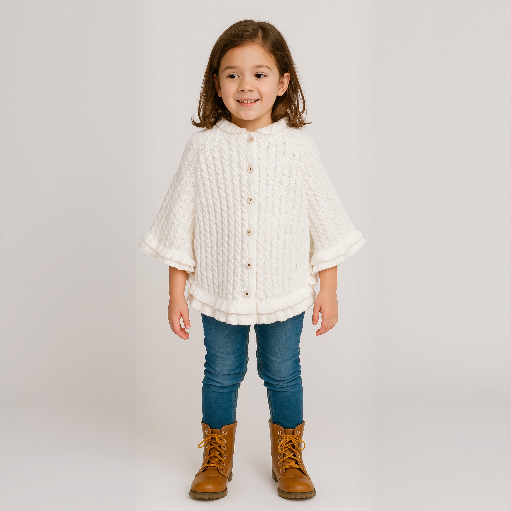 A girl's hooded cable-knit poncho with tights and winter boots
