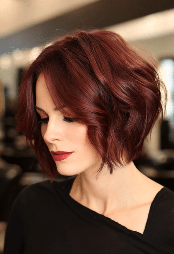 Chin-length wavy bob in deep mahogany red